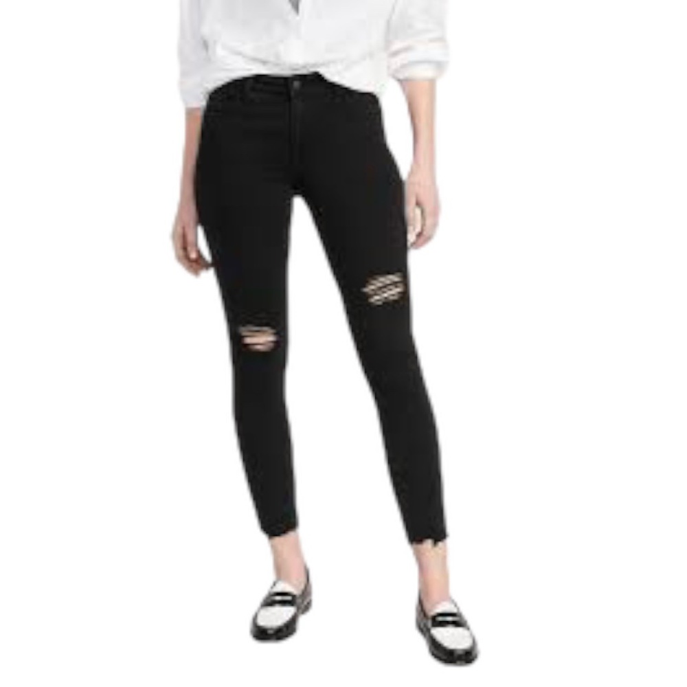OLD NAVY Rockstar Black Mid Rise Distressed Ankle Super Skinny Jeans 6